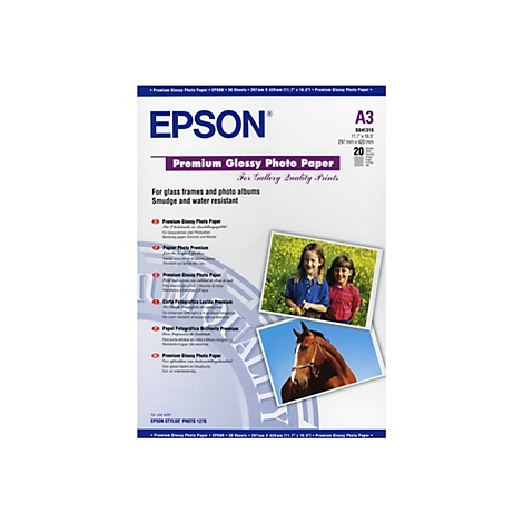 Epson A3 Premium Glossy Fotopapier Verpackung mit Produktinformationen und Beispielfotos.