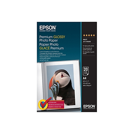 Epson Premium Glossy Fotopapier A4 Packung mit 20 Blatt und Papageientaucher-Motiv.