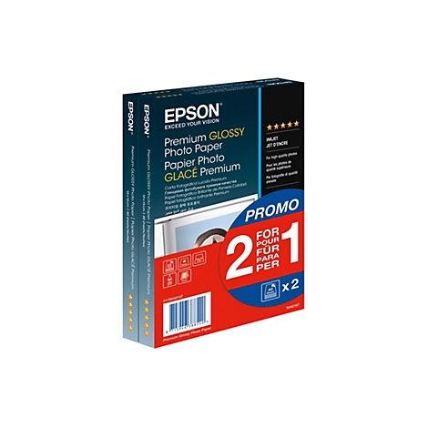 Epson Premium Glossy Fotopapier, 2-für-1-Aktion, 10x15cm, 40 Blatt pro Packung.