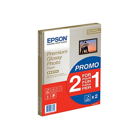 Epson Premium Glossy Fotopapier Verpackung mit 2-für-1 Aktionsaufkleber.