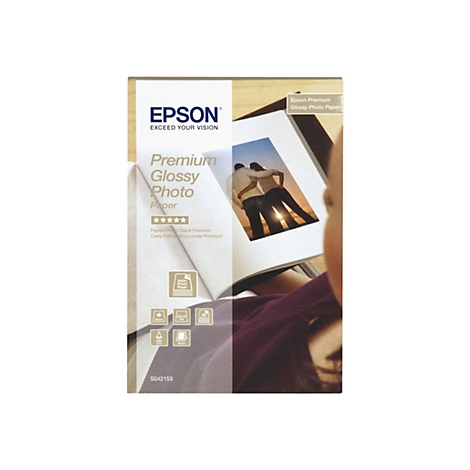 Verpackung von Epson Premium Glossy Fotopapier mit Bild eines Paares im Sonnenuntergang.