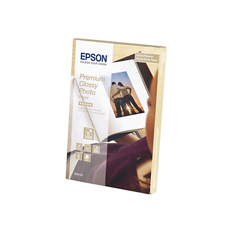 Epson Premium Glossy Fotopapier Verpackung, 10x15cm, 40 Blatt, mit Bild eines Paares am Strand.