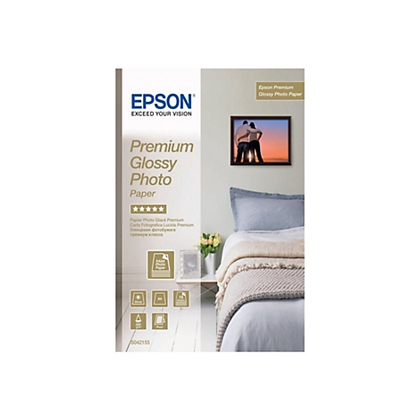 Verpackung für Epson Premium Glossy Fotopapier mit Produktbezeichnung, Icons für technische Daten und Schlafzimmer-Motiv.