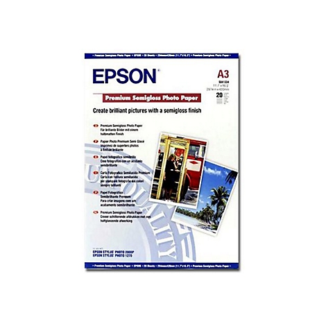 Packung Epson Premium Semigloss Fotopapier im A3-Format mit Produktinformationen und Beispielfotos.