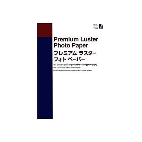 Produktverpackung für Premium Luster Fotopapier im Format DIN A2 mit 25 Blatt Inhalt.