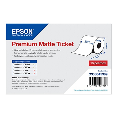 Epson Premium Matte Ticket Rollenetikett mit Spezifikationen, Produktnummer C33S045389 und Barcode.