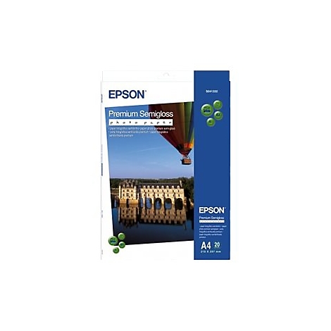 Epson Premium Semigloss Fotopapier A4 Packung mit Bild eines Heißluftballons über einem Schloss.