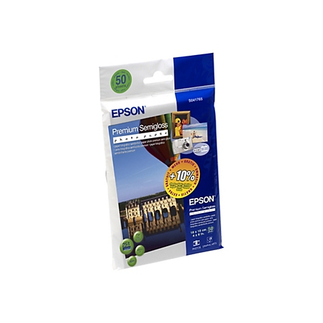 Packung Epson Premium Semigloss Fotopapier mit 50 Blatt im Format 10x15 cm.