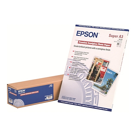 Epson Premium Semigloss Fotopapier als A3-Packung und eine Papierrolle vor weißem Hintergrund.