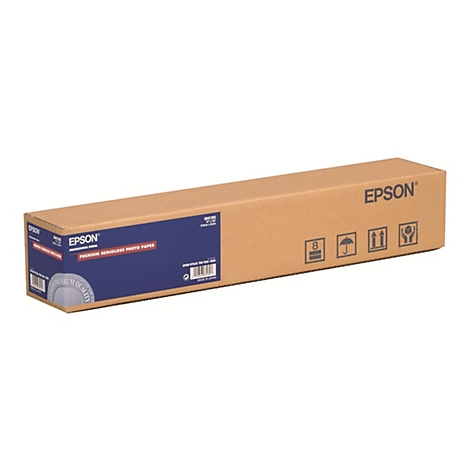 Längliche Kartonverpackung von Epson Premium Semigloss Fotopapier auf weißem Hintergrund.