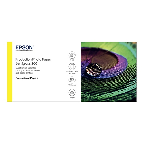 Epson Production Photo Paper Semigloss 200 Rolle mit Produktdaten und einem Pfauenfeder-Motiv.