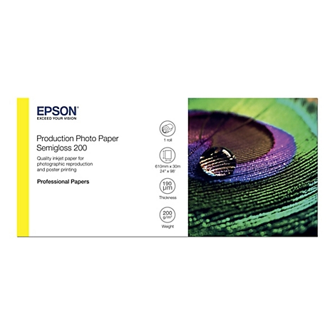 Epson Production Photo Paper Semigloss 200 Rollenverpackung mit technischen Spezifikationen und Pfauenfeder-Motiv.