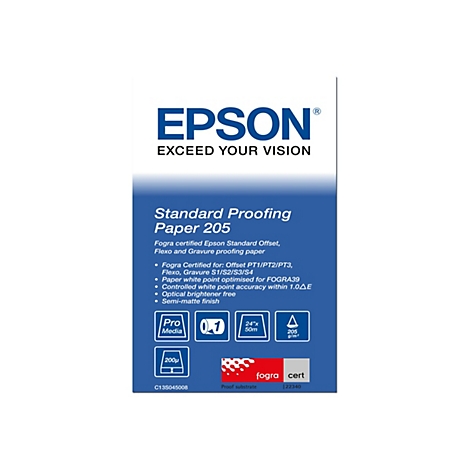 Epson Standard Proofing Paper 205 Verpackungsaufdruck mit technischen Spezifikationen und Fogra-Zertifizierung.