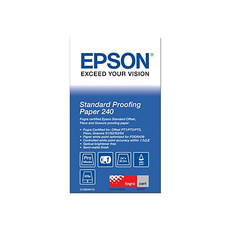 Epson Standard Proofing Paper 240 Verpackungsdesign mit blauer Fläche und weißen Schriftinfos.
