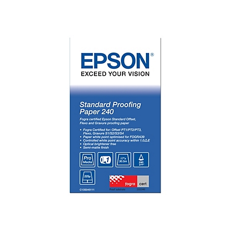 Produktetikett für Epson Standard Proofing Paper 240 mit technischen Spezifikationen und Fogra-Zertifizierung.