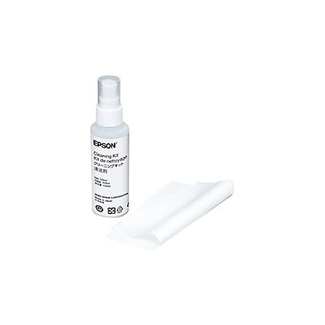 Eine weiße Reinigungsflasche der Marke Epson mit einem Sprühkopf und ein weißes Reinigungstuch auf weißem Hintergrund.