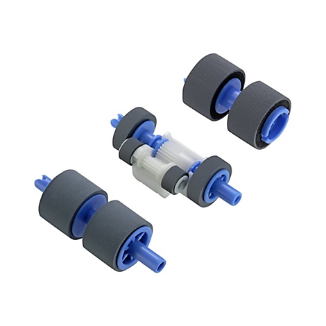 Detailaufnahme von Druckerwalzen. Graue Rollen mit blauen Kunststoffteilen und Zahnrädern, vor weißem Hintergrund.