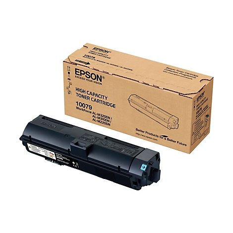 Ein schwarzer Epson-Toner-Cartridge und seine Verpackung, vor weißem Hintergrund. Auf der Verpackung steht 'EPSON High Capacity Toner Cartridge 10079'.
