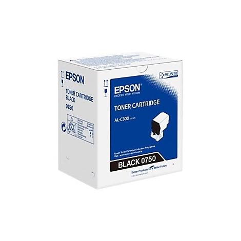 Ein quadratischer, weißer Karton mit blauem und schwarzem Aufdruck, bedruckt mit dem Epson-Logo und der Produktbezeichnung 'Toner Cartridge Black 0750'.