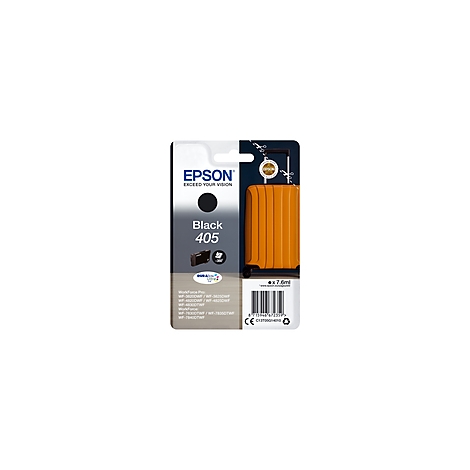 Schwarze Epson Tintenpatrone 405, neben einer orangefarbenen Koffer-Abbildung. Produkt- und Marken-Informationen.