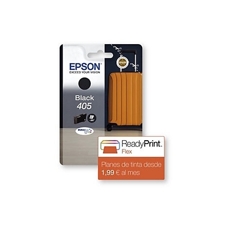 Schwarze Epson Tintenpatrone, schwarzer Punkt, Produktname und Preisangebot in spanischer Sprache.