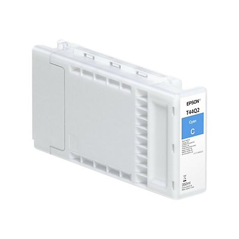 Cartouche d'encre Epson blanche, avec une étiquette bleue indiquant "Cyan" et "350ml".