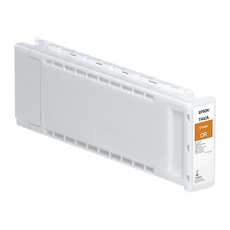 Cartouche d'encre blanc clair avec étiquette orange, imprimée avec texte et logo.