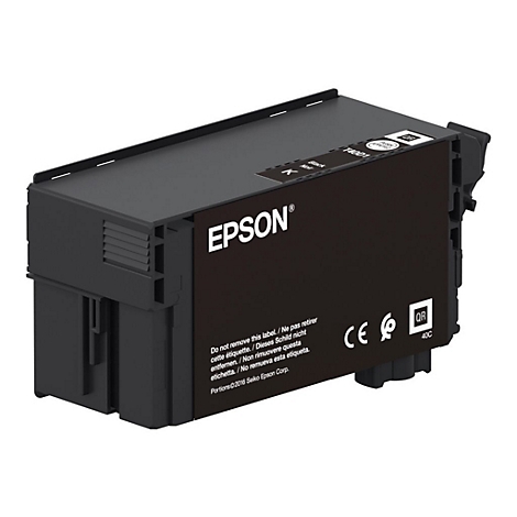 Cartouche d'encre Epson noire, nom du produit T40D1. Inscription : Epson, ne pas retirer, marquage CE, code QR.