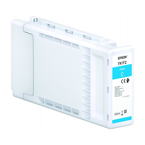 Cartouche d'encre blanche avec un autocollant bleu clair indiquant "EPSON T41F2 Cyan C". Le conteneur contient 350 ml.