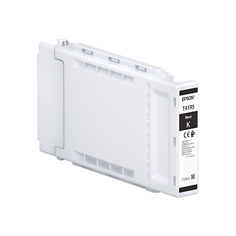 Une cartouche d'encre Epson blanche avec une étiquette noire. L'étiquette indique 'T41R5', 'Black', '110ml' et d'autres informations.