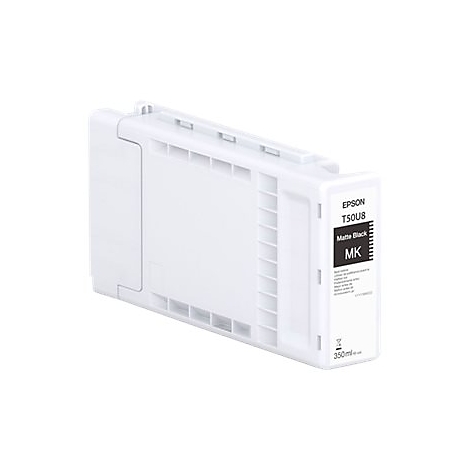 Cartouche d'encre rectangulaire blanche avec étiquette, „EPSON T50U8 Matte Black MK 350ml“.
