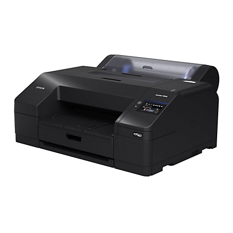 Ein schwarzer Epson SureColor P5300 Drucker. Das Gerät hat ein Bedienfeld mit farbigen Anzeigen und einen Papiereinzug.