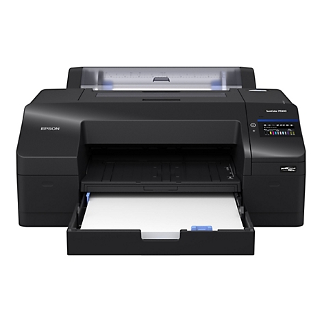 Epson SureColor P5300 Fotodrucker in Schwarz mit offenem Papierfach und Displayansicht vor weißem Hintergrund.