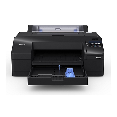 Imprimante noire Epson SureColor P5300 avec bac à papier sorti et plateau bleu. Un écran avec un menu à l'avant.