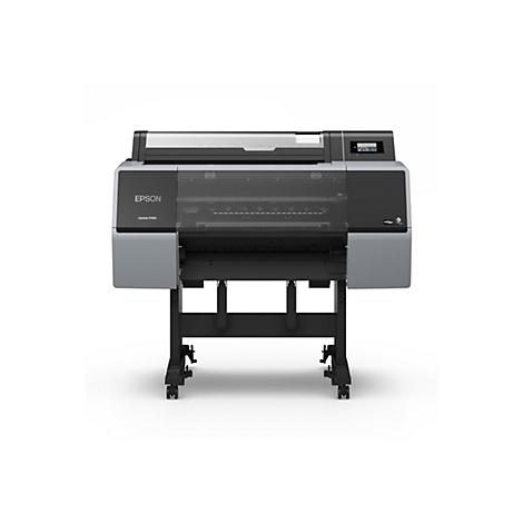 Großer Drucker Epson SureColor P7300 vor weißem Hintergrund. Schwarz-graues Gehäuse mit Bedienfeld, darunter Rollenfuß.