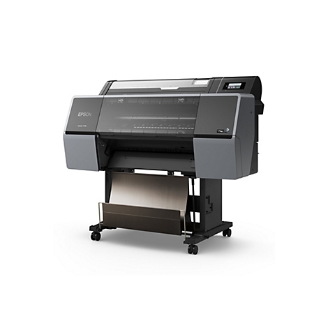 Großer, grauer Drucker Epson SureColor P7300 vor weißem Hintergrund. Druckausgabe im unteren Bereich.