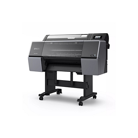 Ein großformatiger Tintenstrahldrucker Epson SureColor P7300 steht vor weißem Hintergrund. Dunkelgrau und schwarz, mit Rollen.