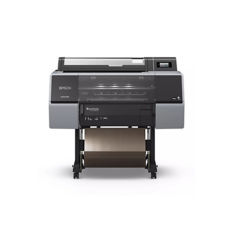 Großer, grauer Drucker mit schwarzem Bedienfeld und der Aufschrift "Epson". Darunter ein Papierausgabefach.