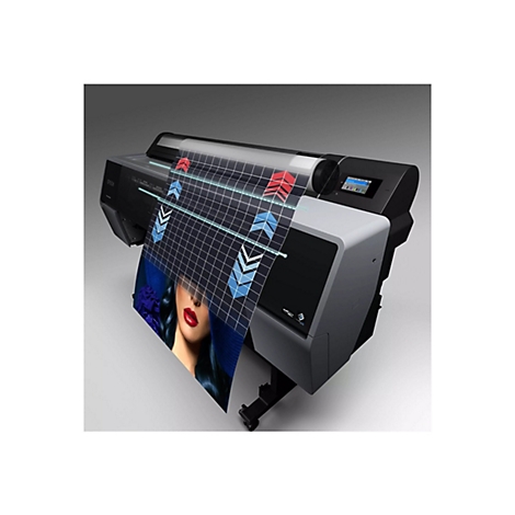 Professioneller Großformatdrucker mit Print-Design im Fokus. Das Druckmedium zeigt eine Frau mit rotem Lippenstift, blauem Hut, blaue Rosen.
