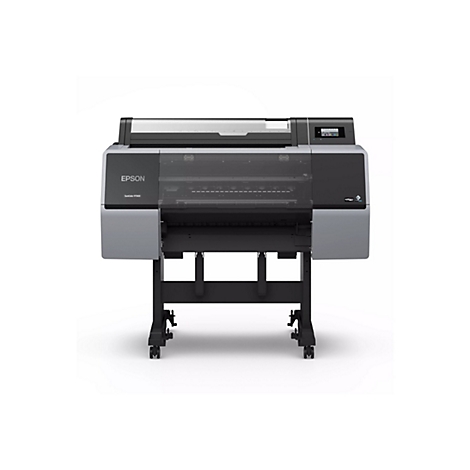 Epson SureColor P7300 Großformatdrucker. Grau-schwarzes Gerät, Frontansicht, Rollwagen auf Rollen, Bildschirm rechts.