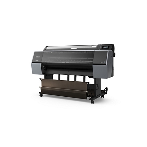 Großer, grauer Epson SureColor P9000-Drucker. Die Vorderseite ist mit einem Ausgabefach und Rädern ausgestattet, die Oberseite mit einem Bedienfeld.