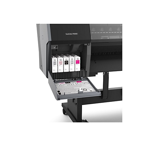 Detailansicht eines Großformatdruckers Epson SureColor P9300. Geöffnete Tintenpatronen und Bedienfeld sind sichtbar.