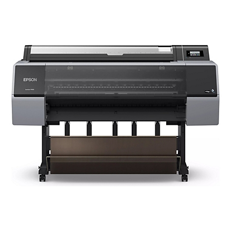 Großer, grauer Epson SureColor P9300 Drucker. Schwarz, mit Rollen und Bedienfeld.