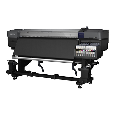 Epson SureColor Großformatdrucker mit Tintenpatronen-Modul auf einem Gestell vor weißem Hintergrund.