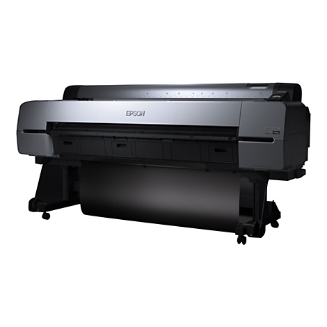 Großformatdrucker Epson SureColor P20000 auf Rädern in Silber und Schwarz vor weißem Hintergrund.