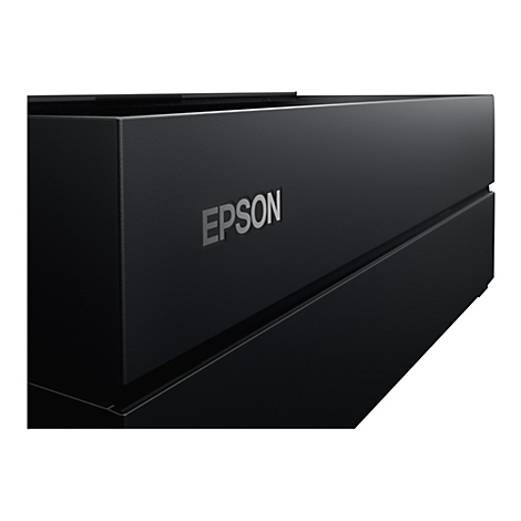 Appareil noir avec logo Epson argentÃ©. Vue de face, vue lÃ©gÃ¨rement oblique.