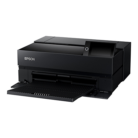 Imprimante Epson noire, un bac Ã  papier Ã  l'avant, un Ã©cran sur la droite. Le logo Epson est Ã  gauche.