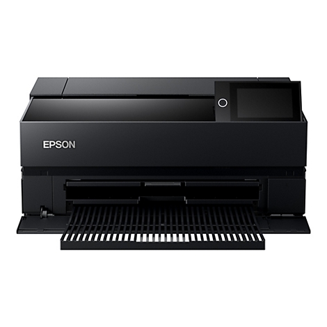 Imprimante noire avec le logo Epson visible. Le bac Ã  papier est sorti.