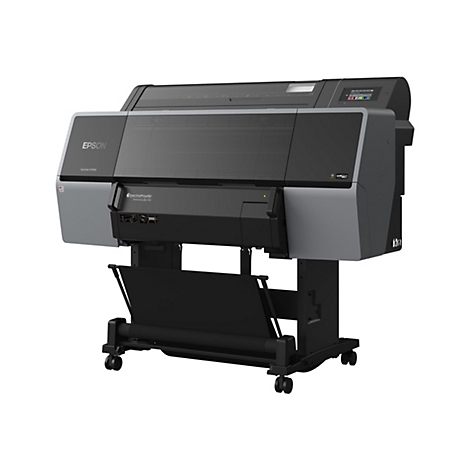 Großer, grauer Drucker Epson SureColor P7500 mit Papierauffangvorrichtung, vor weißem Hintergrund. Auf der Front steht Epson.