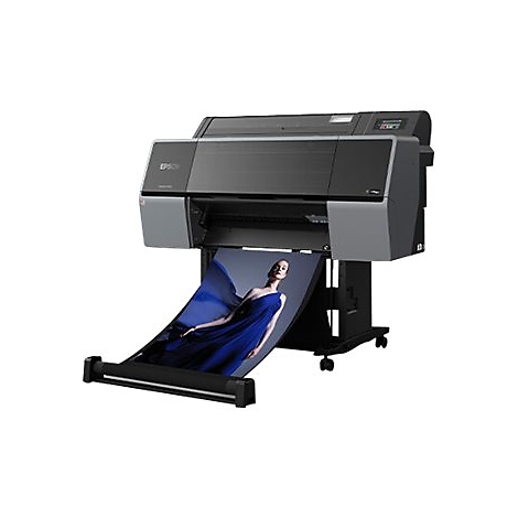 Großer Drucker, der ein Bild einer Frau in einem blauen Kleid ausdruckt.